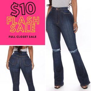 High Rise w/ Knees Sliced Denim Flare Jeans